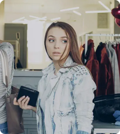 A young woman in a department store is looking over her shoulder with a worried look on her face