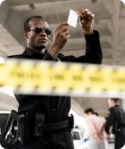 A police officer examines a small bag possibly containing drugs. In the background a person is being arrested