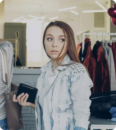 A young woman in a department store is looking over her shoulder with a worried look on her face